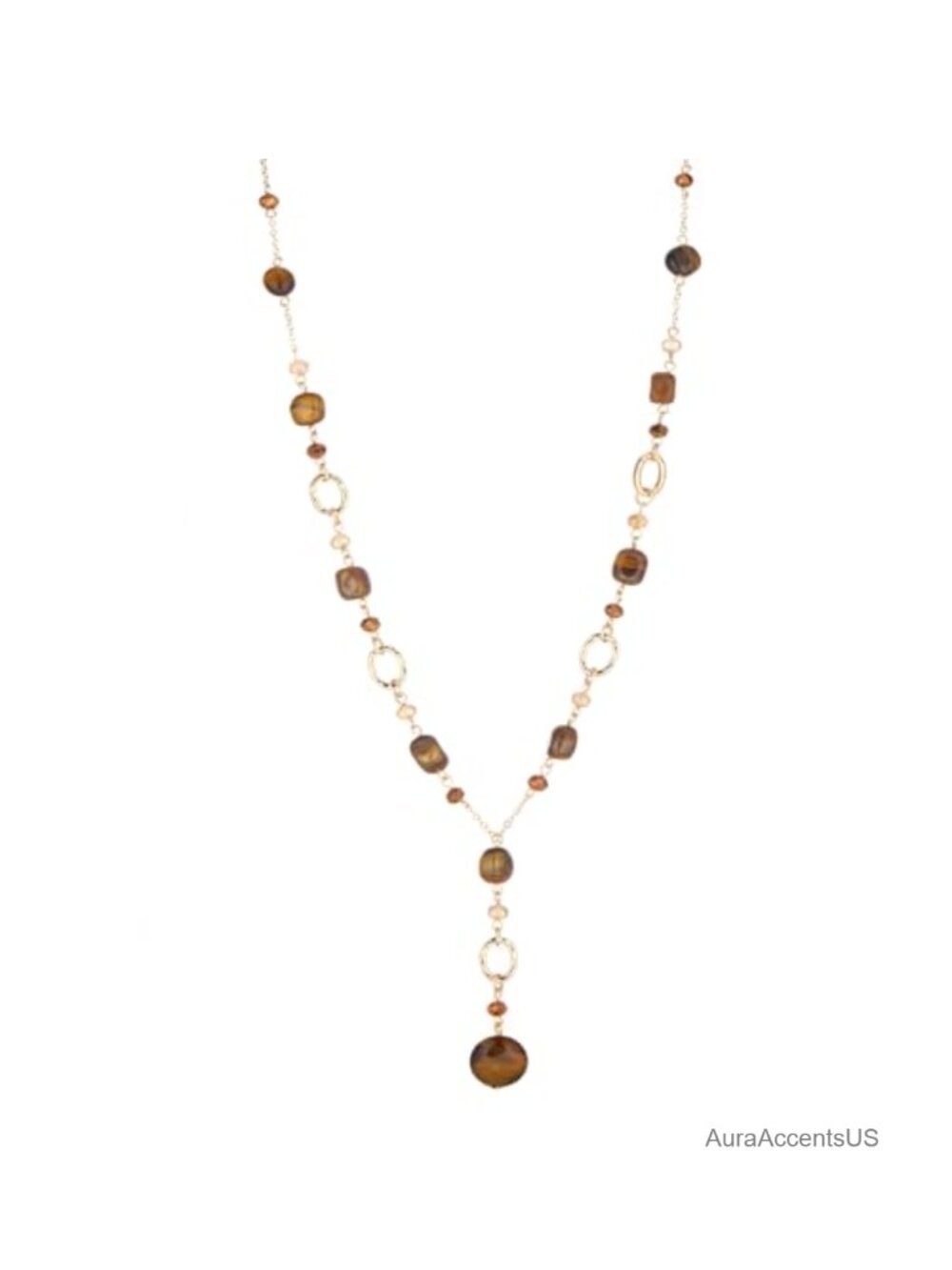Long Gold Plated Beaded Necklace with Natural Stone Y Lariat Sweater Chain